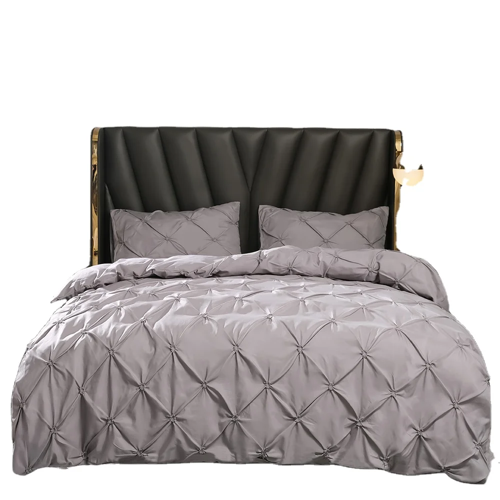 Affordable Luxury Pinch Pleat Pintuck 3 Pieces Elastic Embroidery Floral Pattern Microfiber Set Duvet Cover For Bedroom