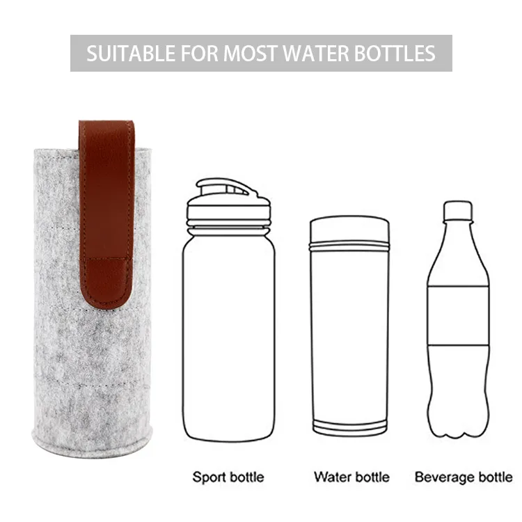 Portable felt water bottle bag High quality felt China factory bottle sleeve carrier with leather water bottle cover