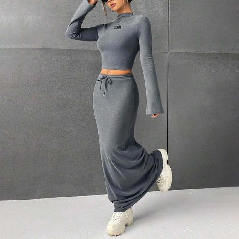F230699 Custom Women Fall Winter Fashion Clothes Two Piece O-neck Sexy Long-sleeved Crop Top Shirt and Long Maxi Skirt Dress Set