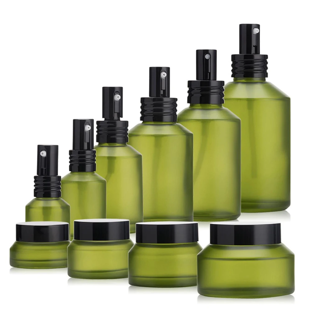 
In stock Slant shoulder skincare frosted green glass cosmetic jar 15g 30g 50g 100g 