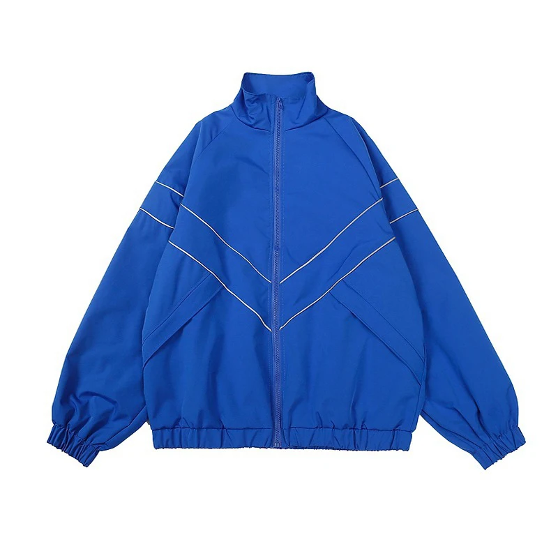 Hip Hop Reflective Striped Jackets Mens Patchwork Zipper Windbreaker Streetwear Casual Loose Varsity Coats Unisex Blue Jacket