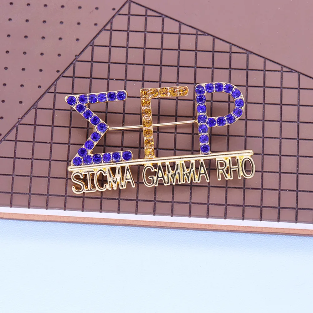 Metal Gold Plating Blue Yellow Diamond Inlay Greece Letters Sigma Gamma Rho Lapel Pin Sorority SGRHO Club Brooches Custom