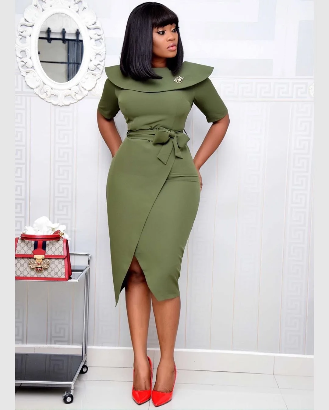 2022 Women Modest Solid Peplum Slit Color Lace Up Bow Elegant Office Work Dress African Women Career Business Dress