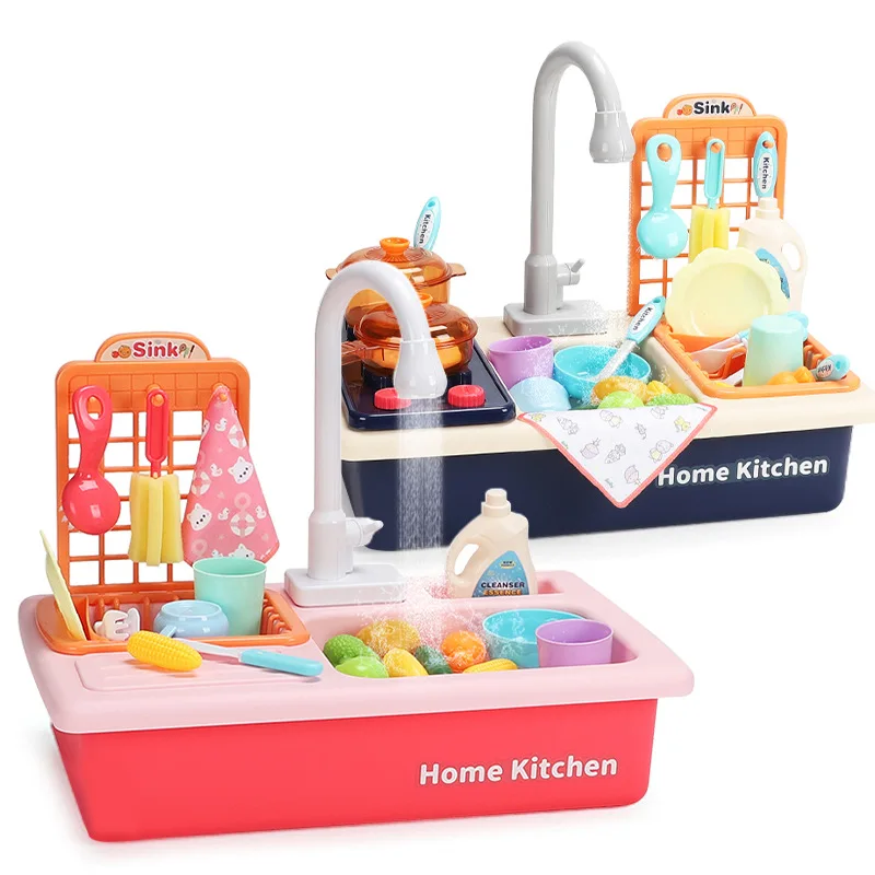 kids toddlers Kitchen Pretend Role Play Sink Toys with Running Water Electronic Dishwasher with Cooking Stove Accessories