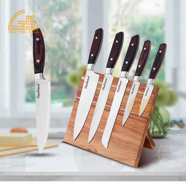 6pcs golden supplier professional forged bset stainless steel kitchen knife set with magnet wood wooden acacia block stand