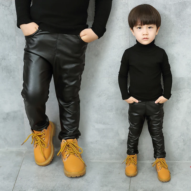 2020 Zhejiang Factory toddler boys Fashion thick winter warm stacked solid black PU leather kids pants