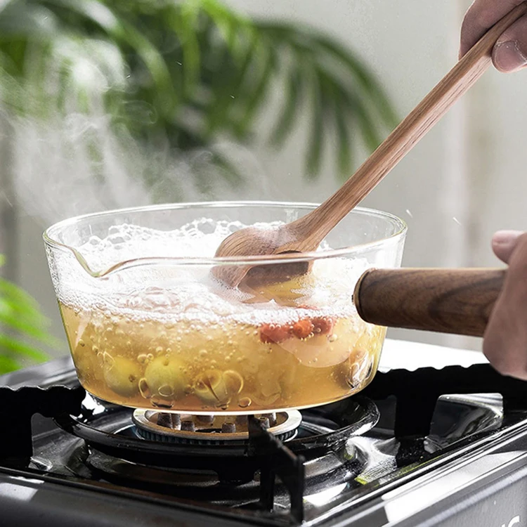 Kitchen high temperature heat resistant high borosilicate single handle wooden glass soup pot