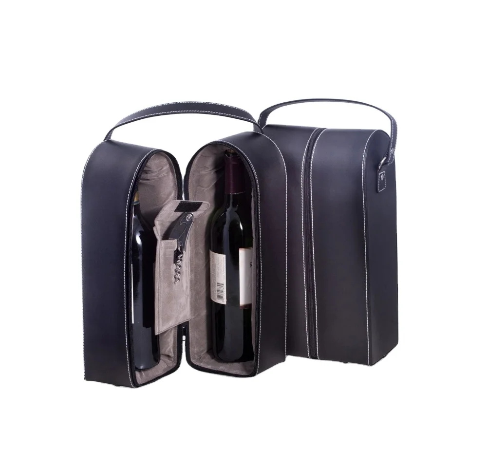 Travel Tote Bag Leather Wine Case Wine Caddy Carrier for Two Bottles