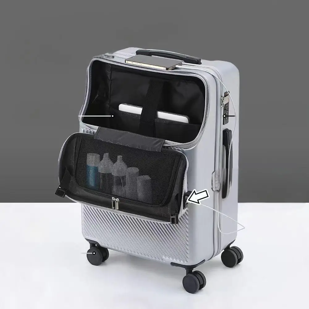 New multifunctional front opening boarding box strong and durable student charging usb port wheel travel trolley combination