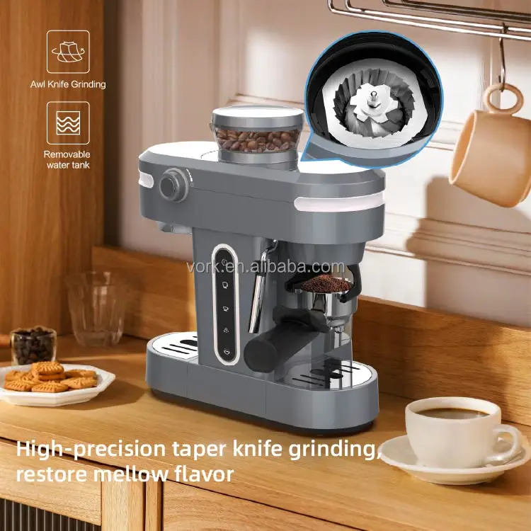 Semi-automatic espresso coffee machine maker with grinder built in coffee bean to powder for home office use