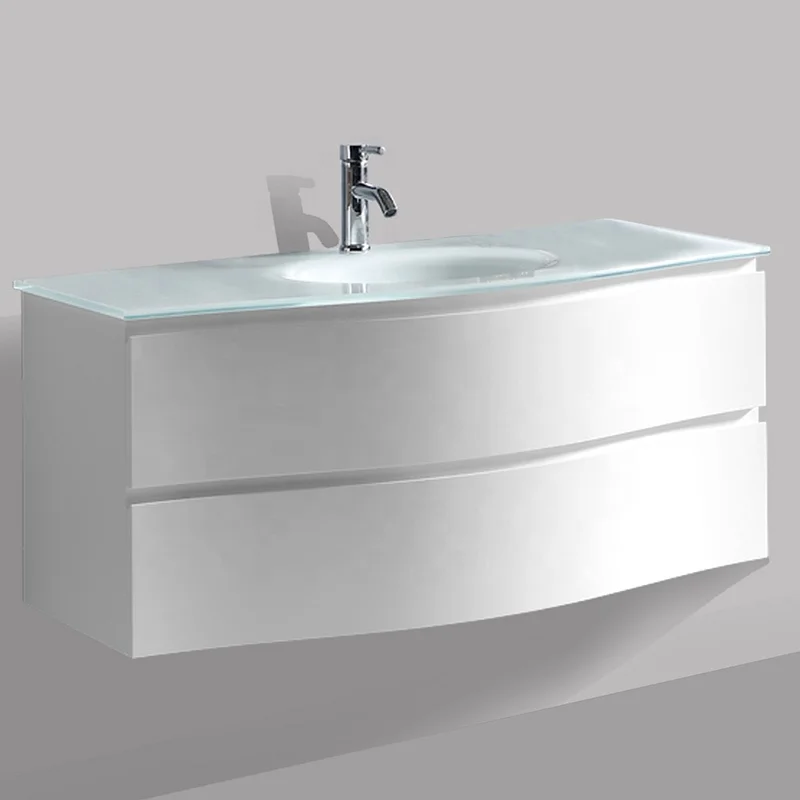 White Wall Mounted Curved Front Corner Bathroom Vanity With Drawers