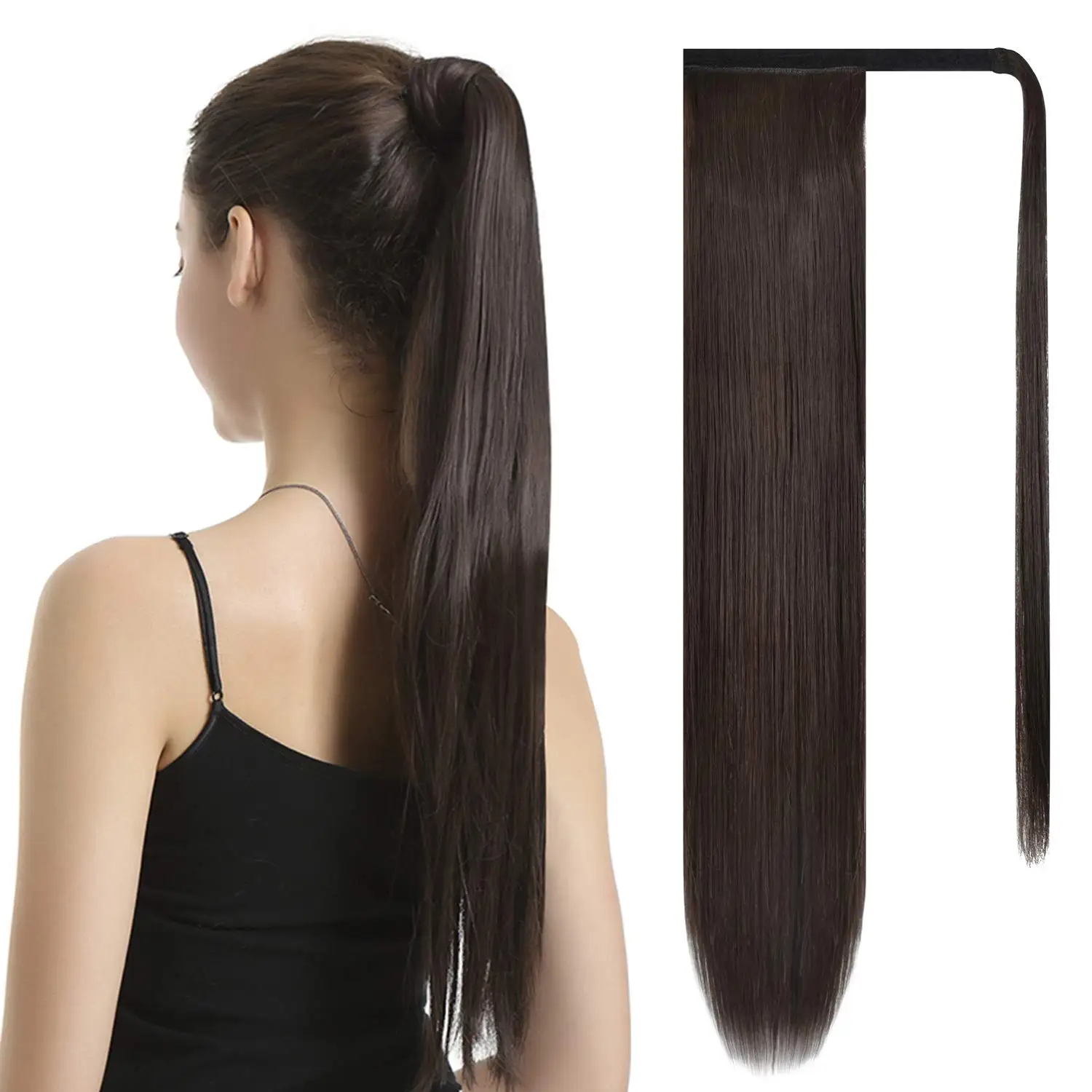 30 Inch Ponytail Extension Long Straight Wrap Around Clip in Synthetic Fiber Hair for Women-Dark Brown