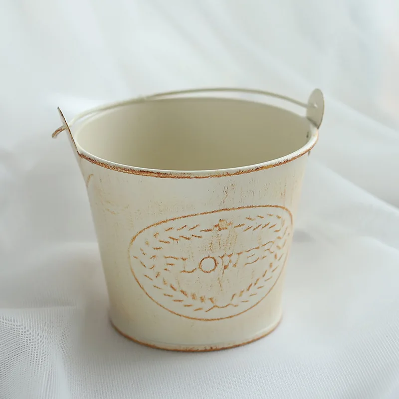 Grocery metal crafts retro distressed beige mini iron bucket succulent plant pots gardening accessories garden supplies