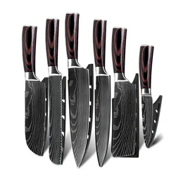 Stainless Steel Kitchen Knives Set Laser Damascus Veins Pakka Wood Handle Paring Santoku Nakiri Slicing Bread Chef Knife Set