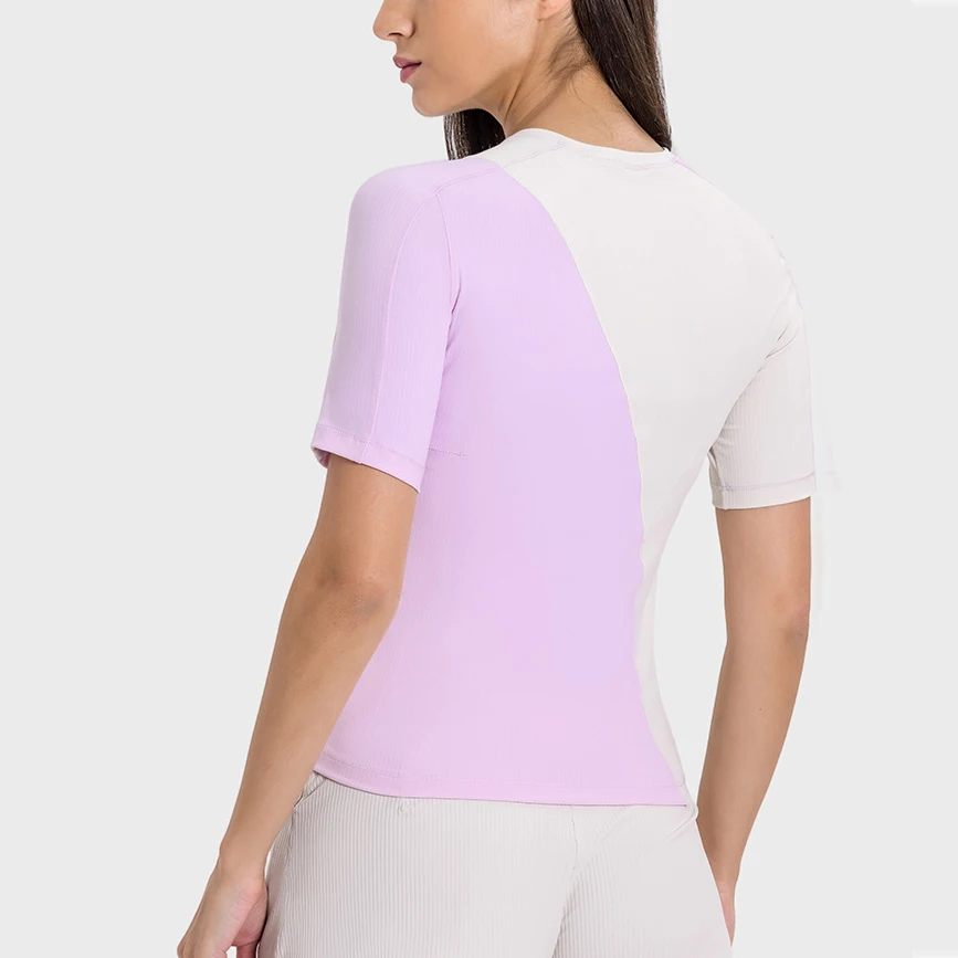 Sports T-shirt With Colour Blocking Slim Fit Gym Fitness Short Sleeve Tee With Asymmetrical Design Stretch Running TrainingTops