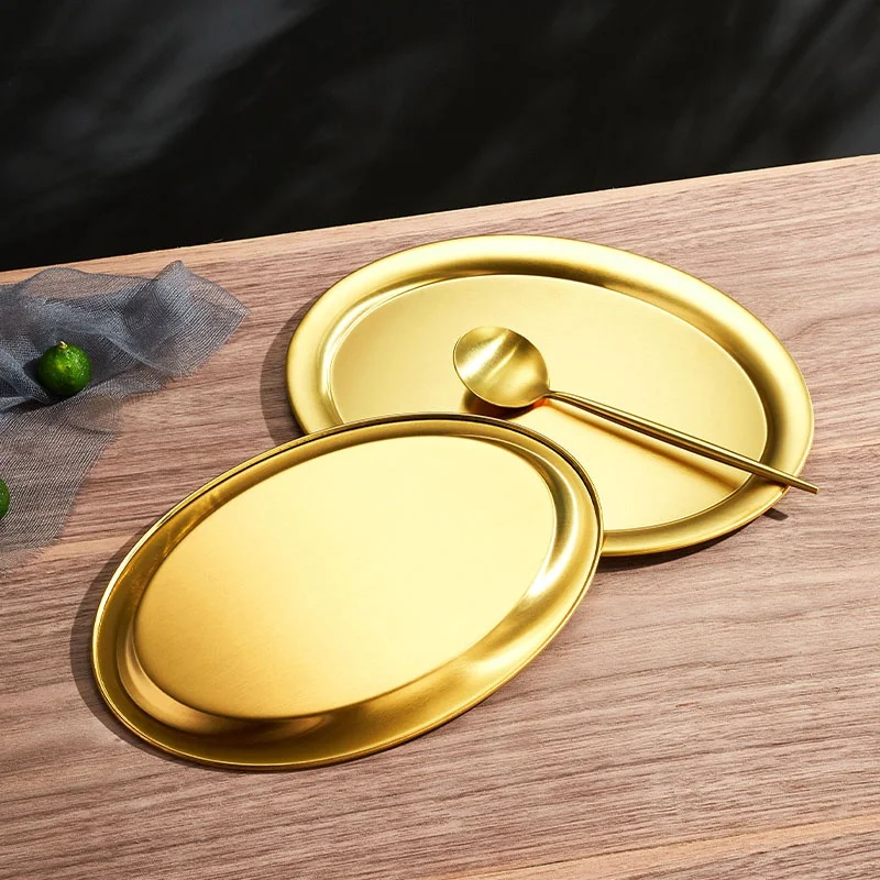 Stainless Steel 304 Oval Plate Golden Flat Bottom Thickened Shallow Barbecue Egg-shaped Dessert Tray Elegant Classic polish Dish