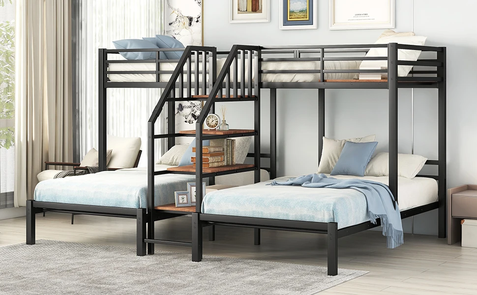 Twin Metal Bunk Bed Triple Bunk Bed Frame with Storage Shelves Staircase