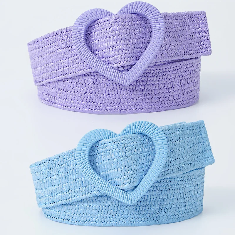 Summer little fresh 4cm elastic women belts high quality PP grass woven sweet decorative dress love buckle wide belt