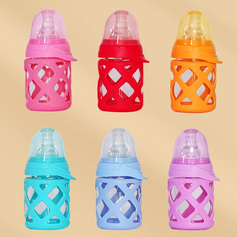 Wholesale Custom Silicone Anti Slip Glass Feeding Bottle 120ML Baby Bottle with Silicon Rubber Case