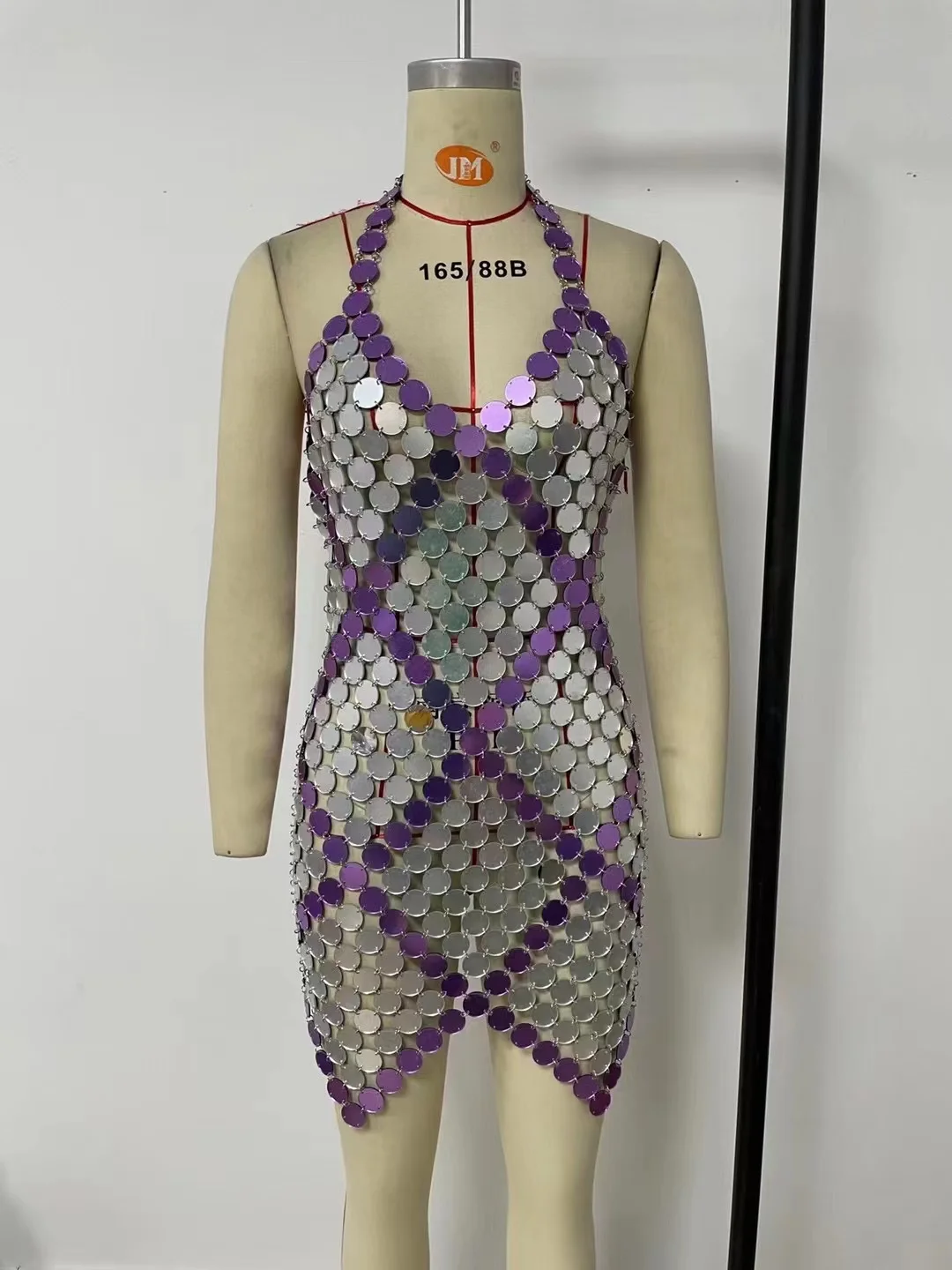 Short Shiny Sexy Colorful Handmade  Acrylic Braided Paty Wear Body Chain Top Mirror Disc Party Dress For Women