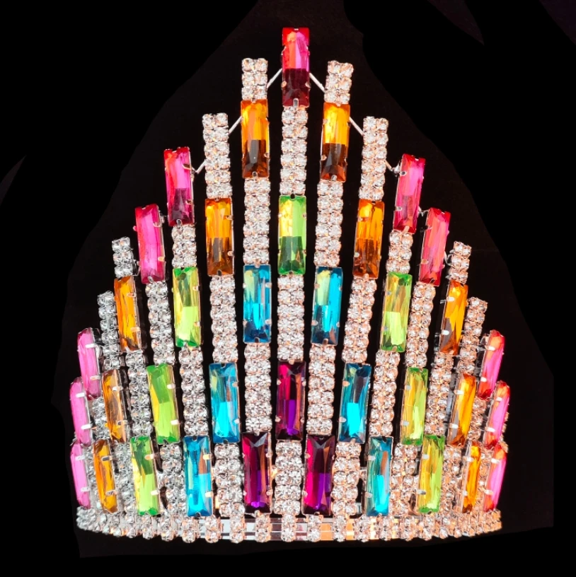 Large Rainbow Shiny Crown Tall Crystal Purple Rhinestone Crown Tiara