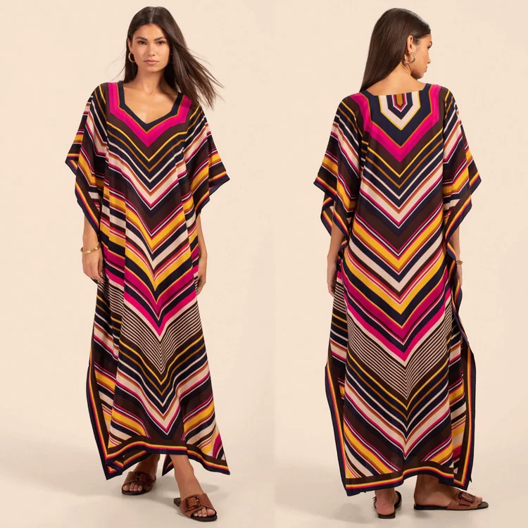 High Quality Islamic Clothing Striped Printed Bikini Cover Up Vacation Robe Sunscreen Shirt Beach Dress