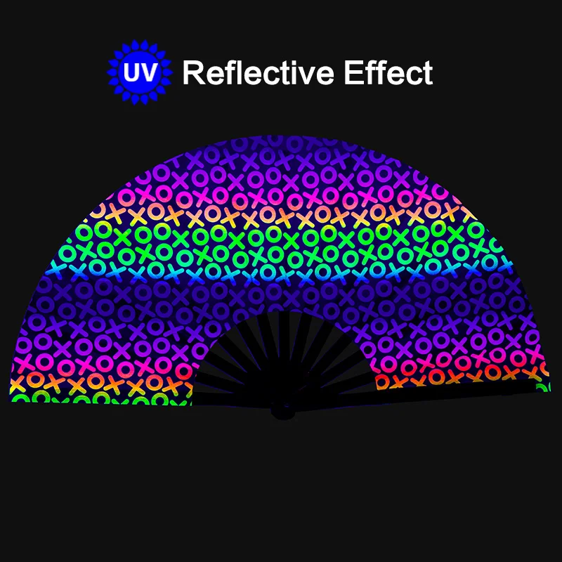 Custom Printed UV Reflective Big Party Freaky Rave Bamboo Fabric Hand Fan Handheld Folding Clack Dance Fan