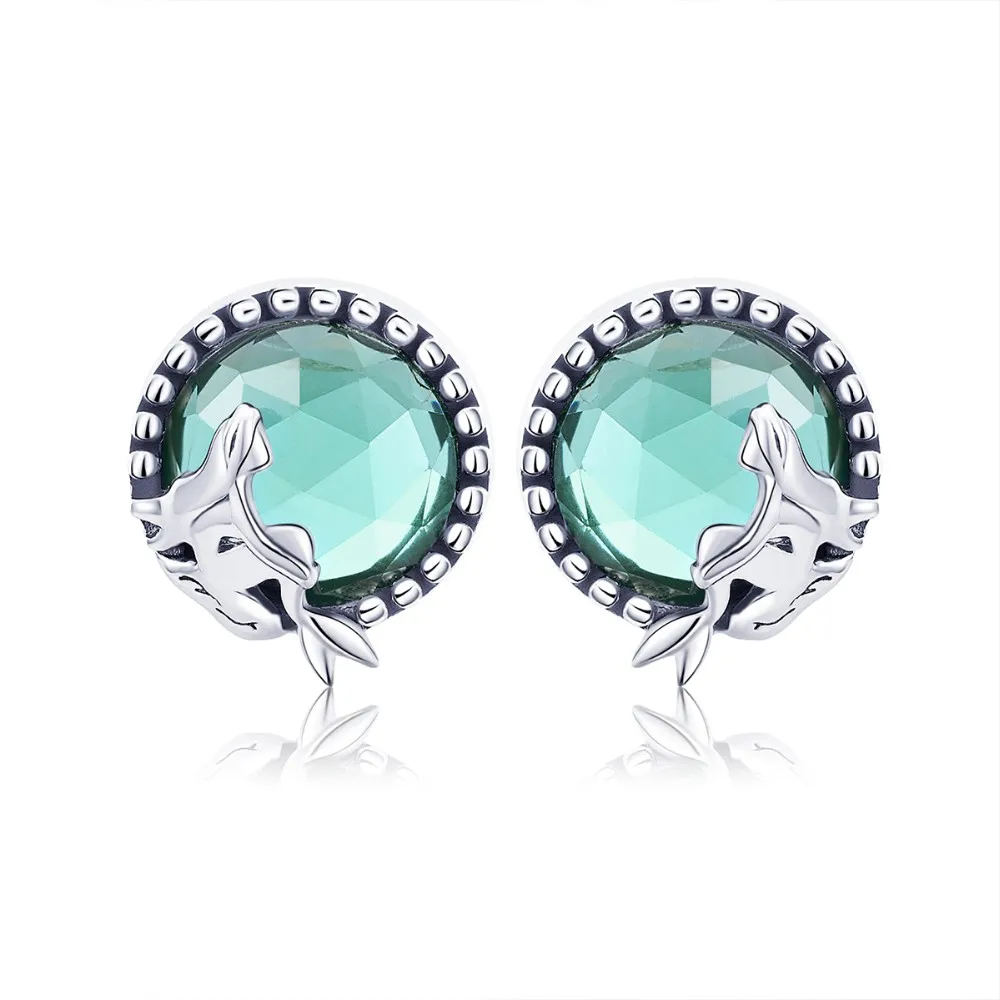 Mermaid Love S925 Sterling Silver Inlaid Round Glass Necklace Stud Earrings Beaded Jewelry Set