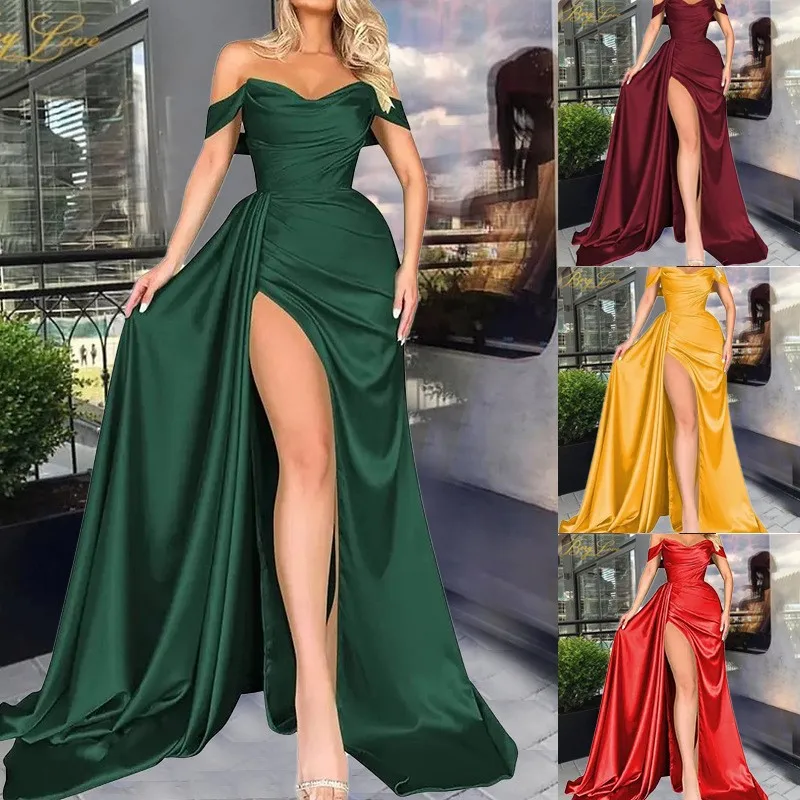 2024 New Green Long Lady Simple Casual Split Dinner Cocktail Evening Party Dress Women Prom Evening Dresses for Wedding