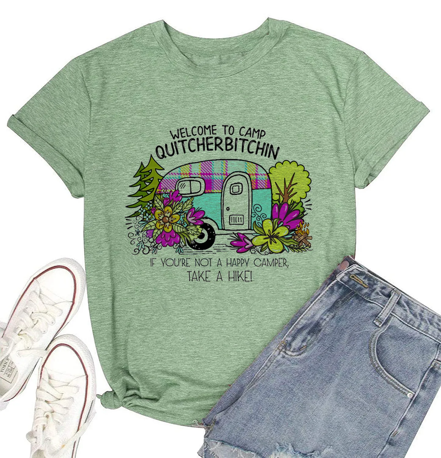 Wholesale Customized Ebay Amazon Welcome to Camp Quitcherbitchin Camper T Shirt Gift for Women Funny Letter Print Shirt