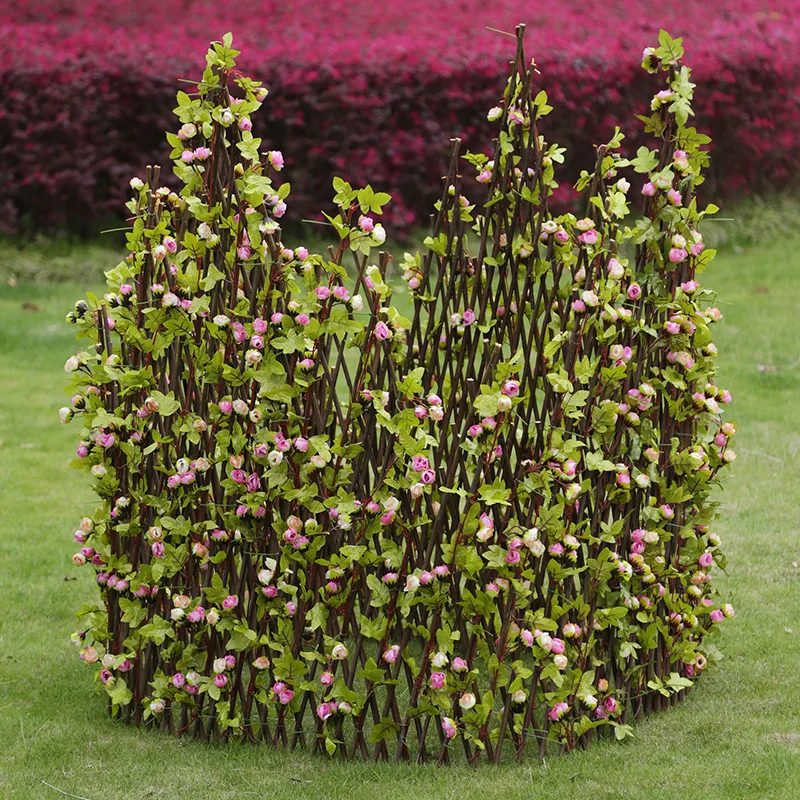 LFL Easily Assembled Rot Proof Durable Eco-friendly Garden Simulated Wooden Telescopic Fence with Leaves