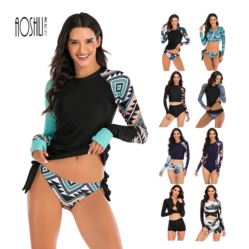 AOSHILI Woman Print Long Sleeves Print Surfsuit Custom Logo Rash Guard Surf Bikini Long Sleeve Custom mma Rash Guard for women
