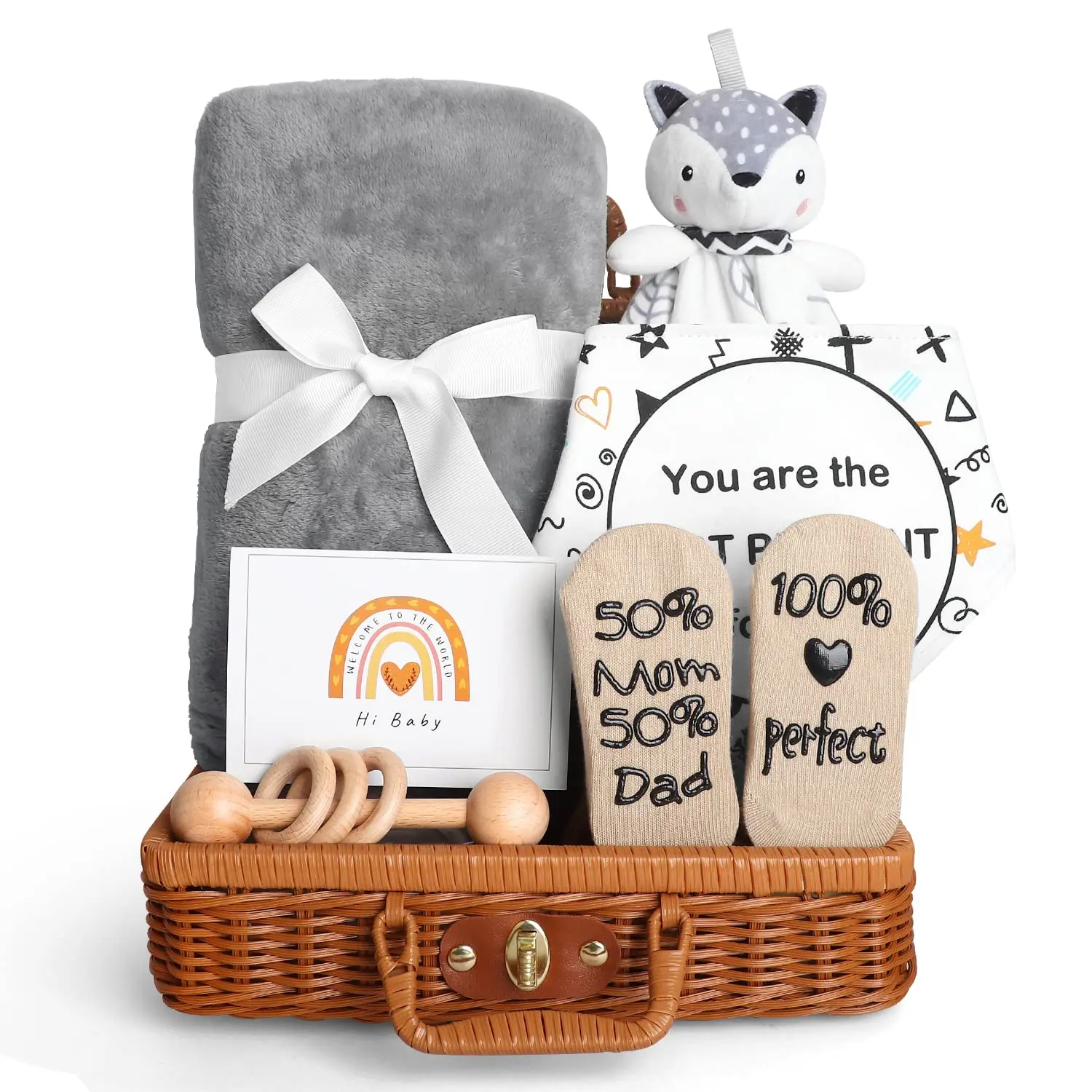 Baby Shower Gifts Basket Essential Stuff Baby Lovey Blanket Newborn Bibs Socks Wooden  Greeting Card Newborn Baby Gift Set