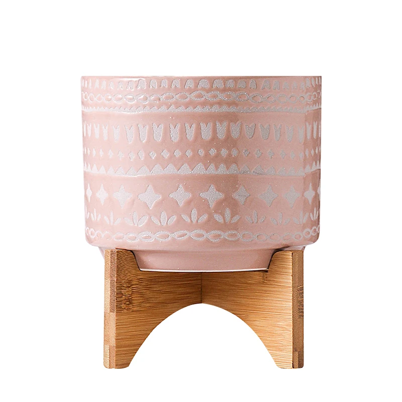 Modern Ceramic Round Decorative Flower Pot Indoor with Wood Planter Holder