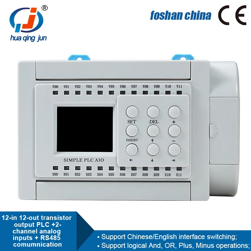 Huaqingjun 12-12-out выход тразистора PLC плюс 2-х канальный аналоговые входные сигналы 0-10В с RS485 DC24V ПЛК для сенсорного экрана