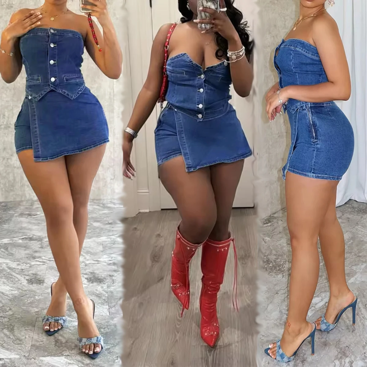 2024 модные новые женские джинсовые комплекты с юбкой и шортами 2 шт. шорты из двух предметов для отдыха