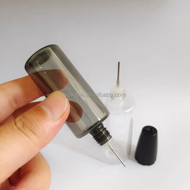Hot sale squeezable 10ml 15ml 20ml 30ml child proof clear PET stainless steel 304 metal CRC cap needle tip nose plastic bottle