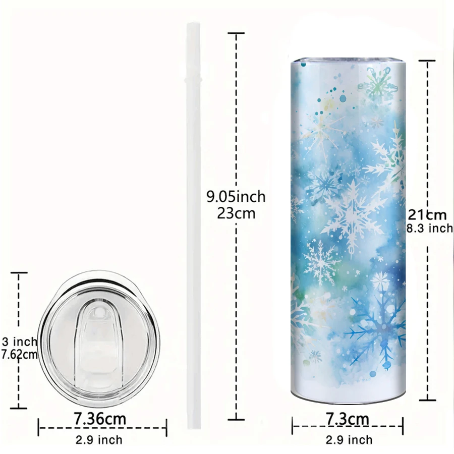 2024 Hot Ice crystal flower 3D Printed Christmas Cup Blue Snowflake 20 Oz Straight Tumbler Blue And Background Skinny Tumbler