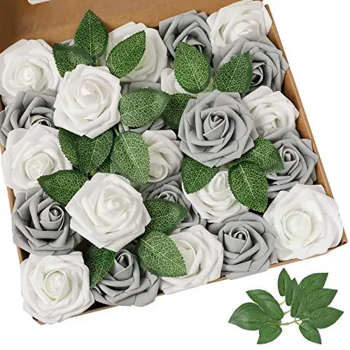 White Artificial Flower Combo Ivory Rose 25pcs white silk Roses with box Centerpieces Arrangement DIY Wedding Bouquet decoration
