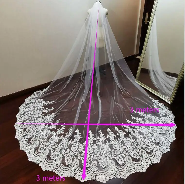 LUOXIN Long Lace Wedding Accessories 3.5 Meters White Ivory Bridal Veil with Comb