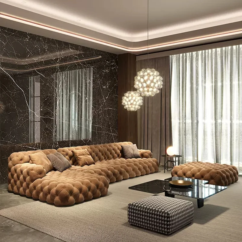 Italian Leather Sofas Sectional Button Tufted Chesterfield U Shape Modular Sofa Luxury Living Room Furniture