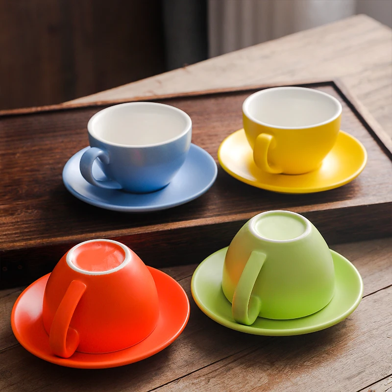 Italian Style Matte Teacup Handmade Pottery Cups Multi-Color Glazed Latte Coffee Cup Porcelain Cup and Saucer
