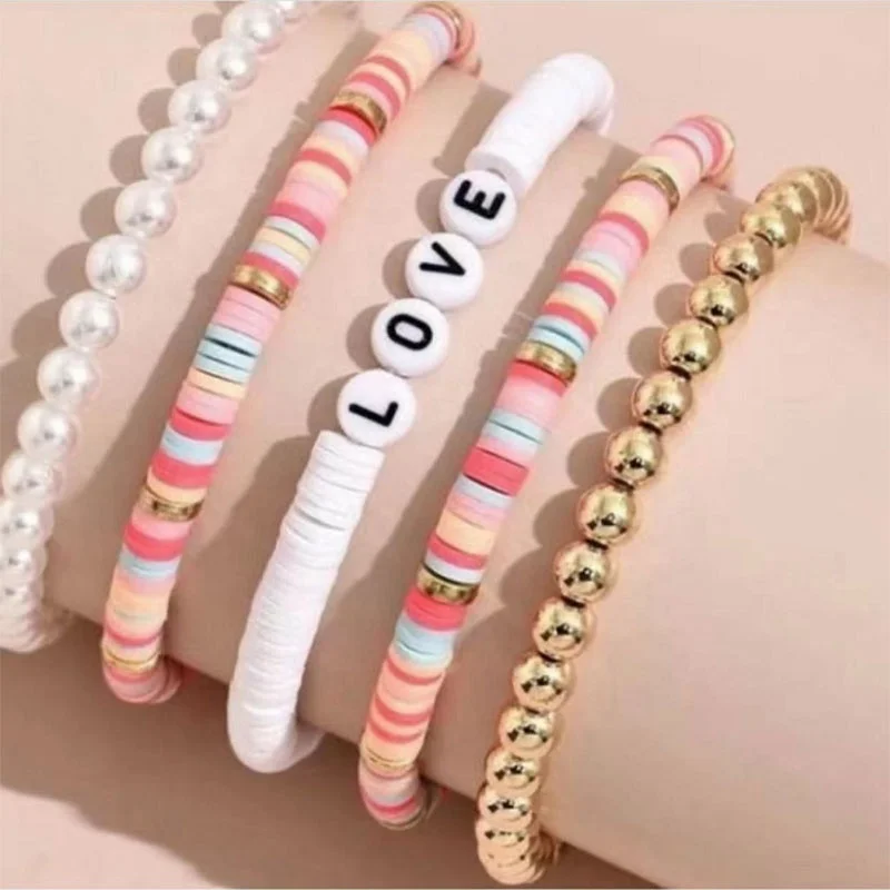 Wholesale Price! Boho Custom  Polymer Clay Beads Motivational Bracelets Brush Gold Spacers Blessed Name Words Stretch Bracelet