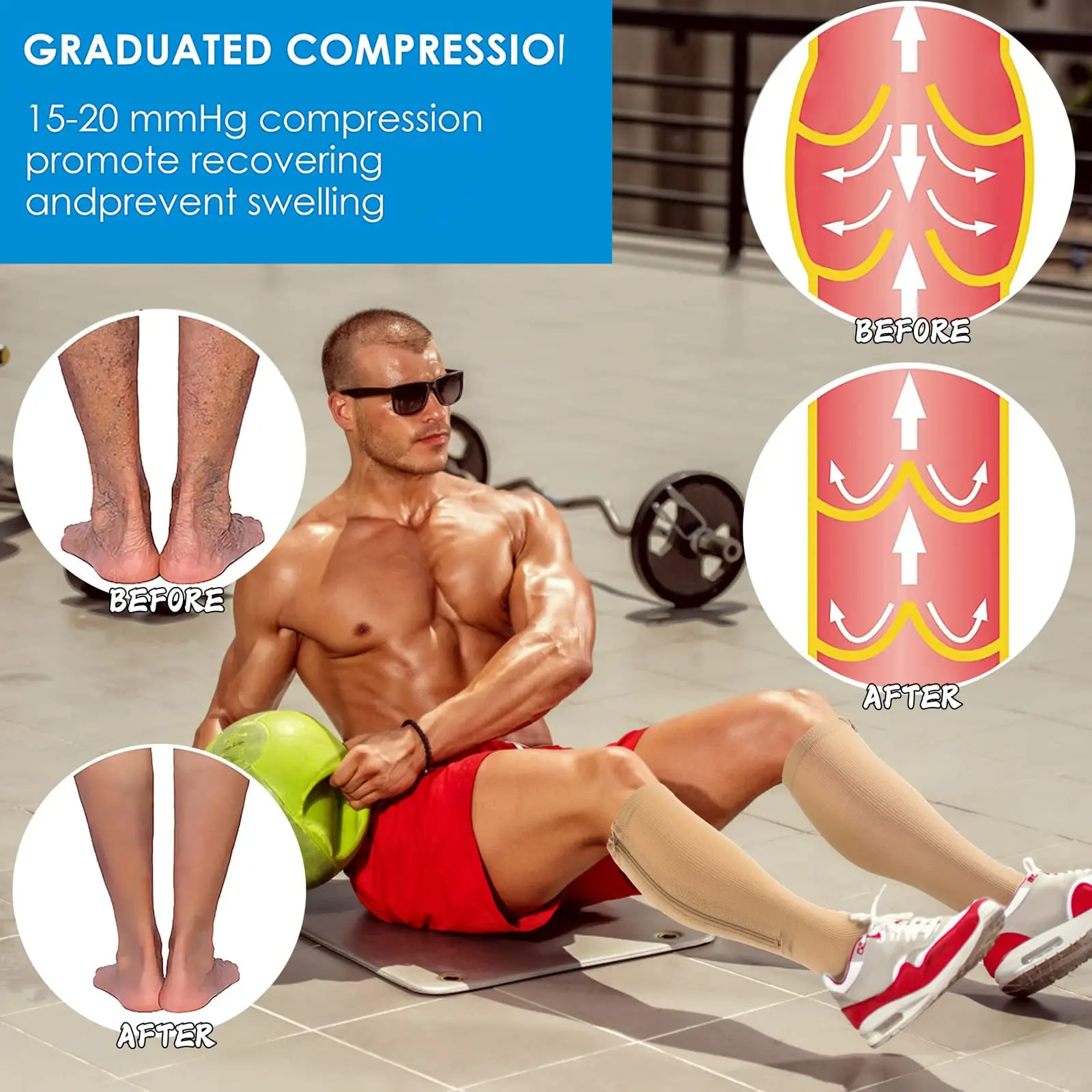 Anti slip 20-30 mmgh Close toe over the knee silicone gel custom logo compression nurse medical socks with zipper