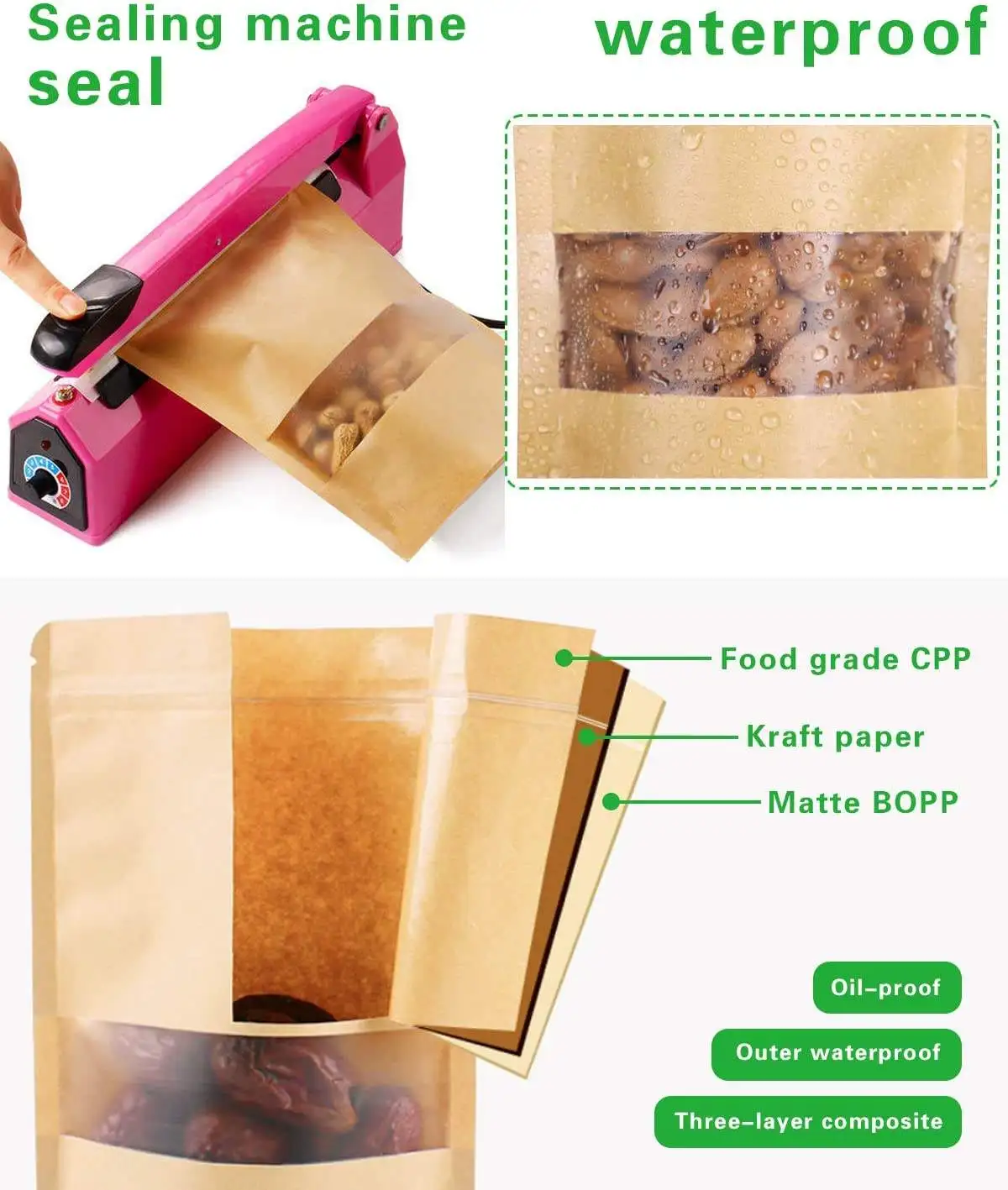 BD retail bags Biodegradable recycled customized stand up pouches dry food packaging brown kraft paper bags with window