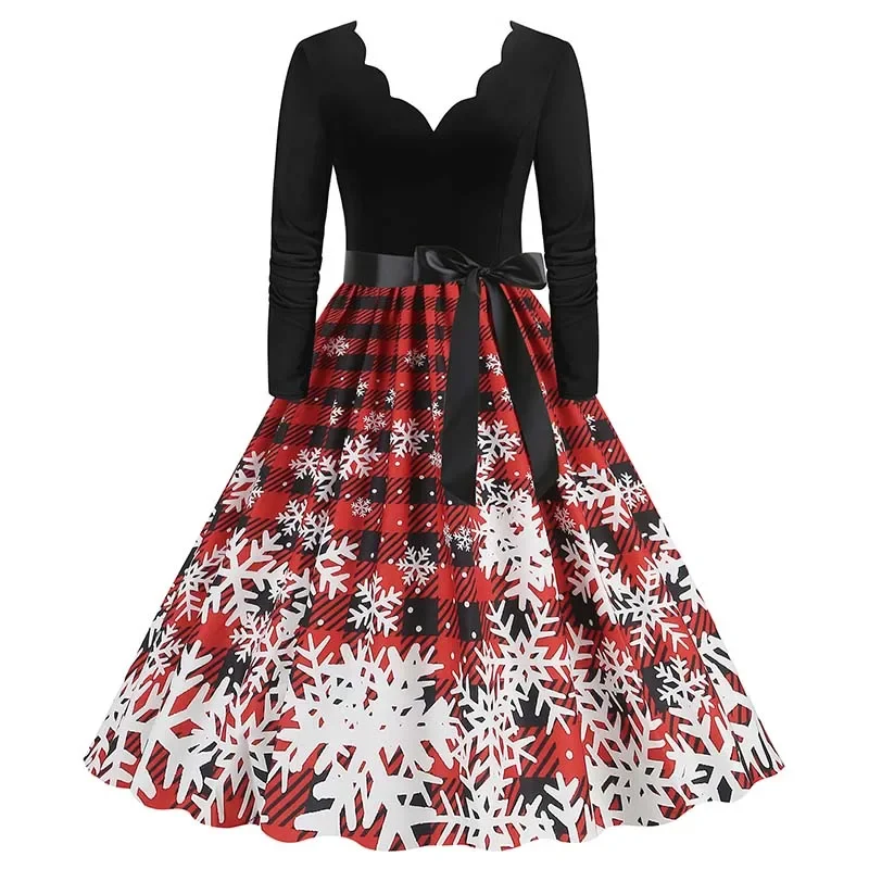 Women Christmas Dress Winter Vintage Long Sleeve V Neck Print Evening Party Xmas New Year Prom Dress