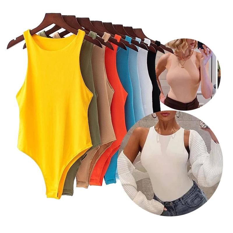 Sexy Sleeveless Racer Back Round Halter Neck Tank Tops Bottom Tights Streetwear Catsuit Jumpsuits Thong Women Shapewear Bodysuit