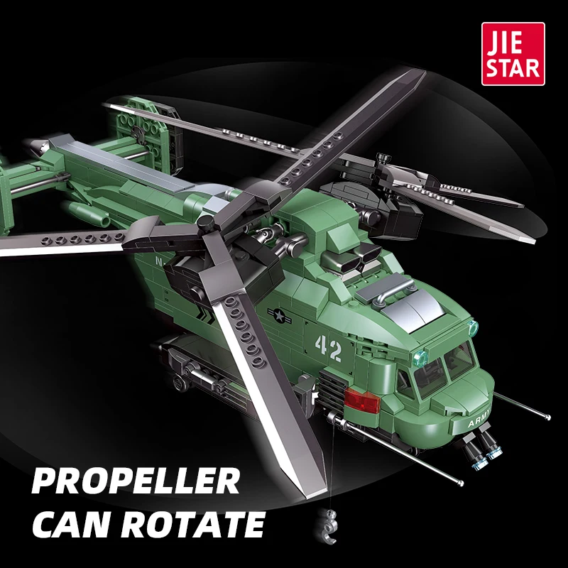 JIESTAR 705 Pcs Kids Diy Educational Military Twin-Rotor Helicopter Model Army Airplane Building Block Set Boys Girls Gift Set