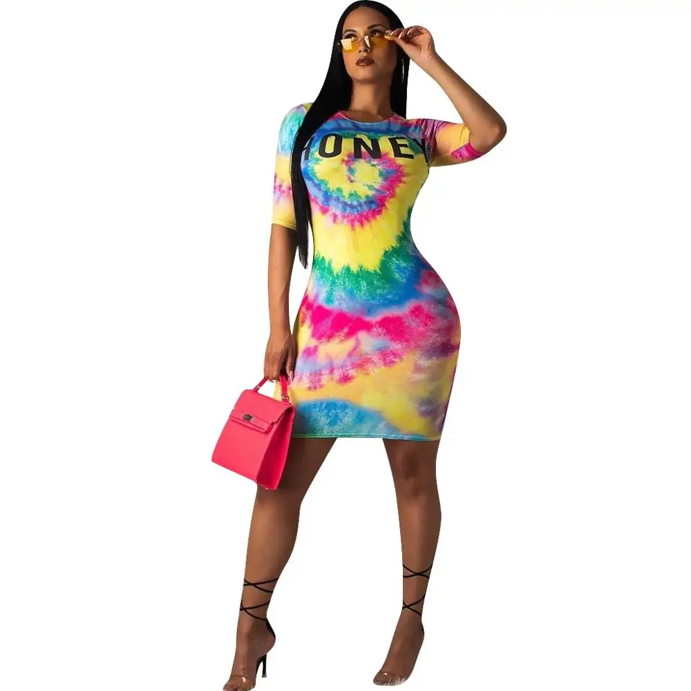 
Tie Dye Ombre Colorblock Half Sleeve Dress Women Casual Bodycon Mini Dress Honey Letter Print Dress 