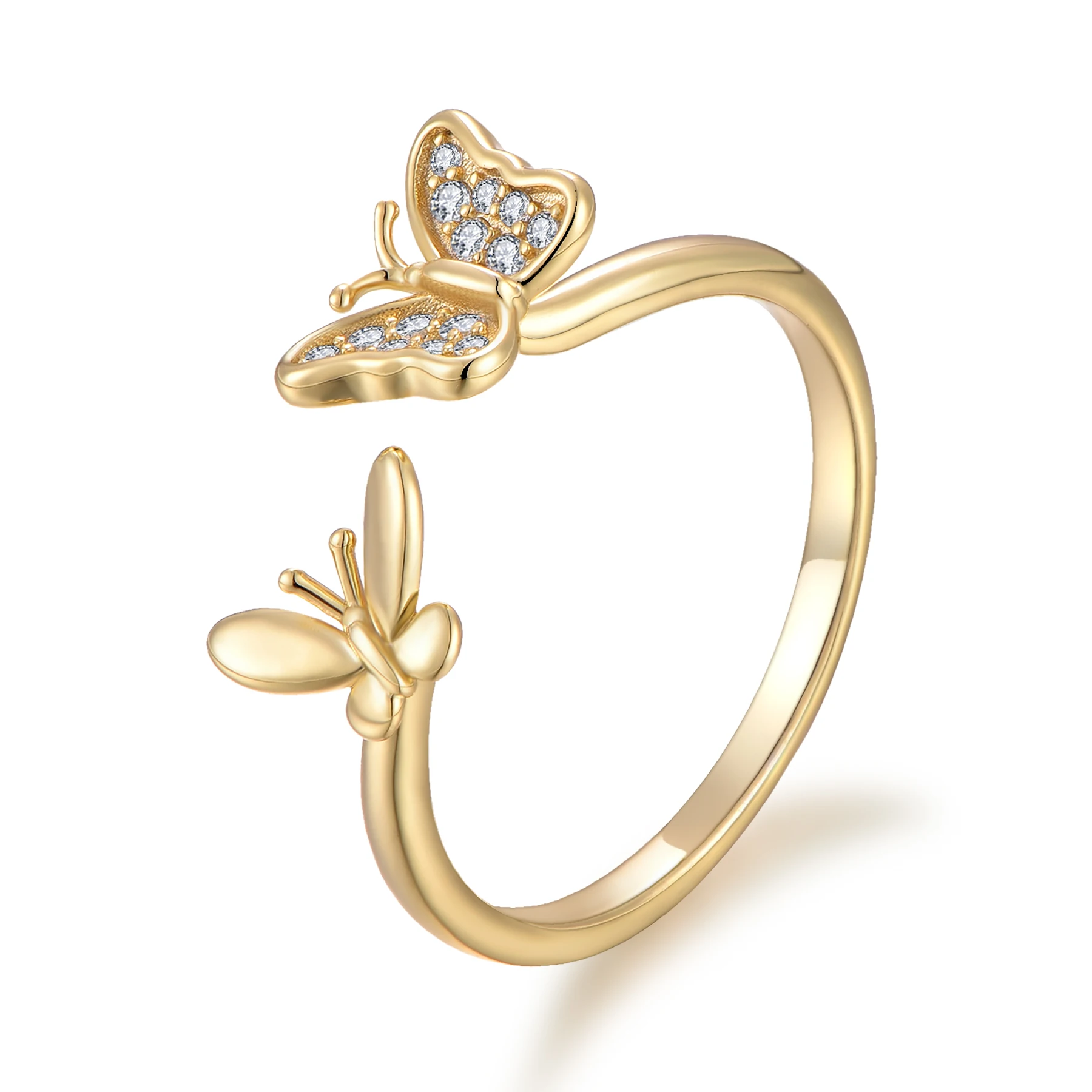 Fashion Jewelry Custom 18K Gold Filled Open Ring Copper Plated Gold butterfly Ring with Zircon